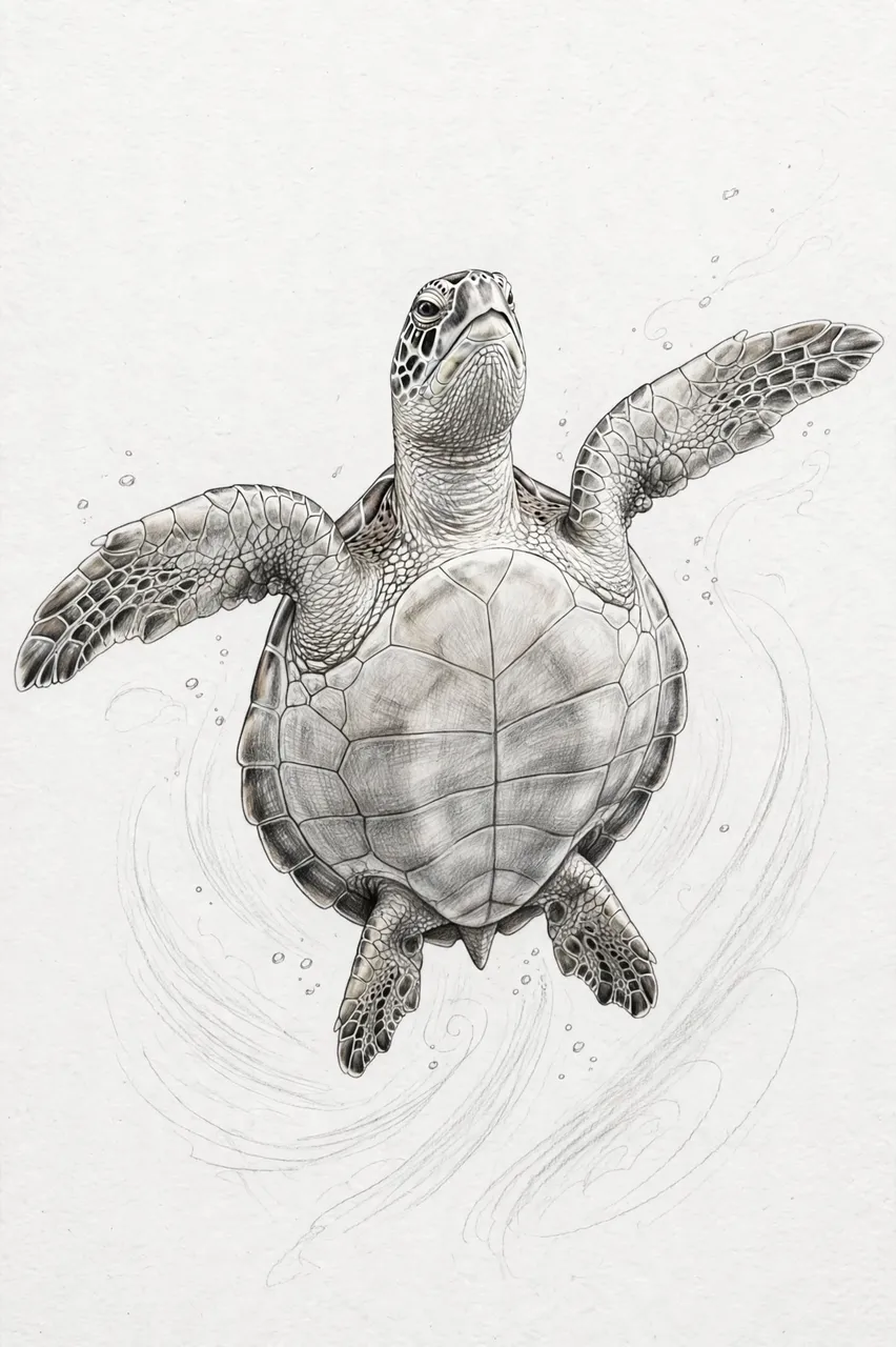 Detailed graphite pencil sketch of a sea turtle swimming upward with spread front flippers on light textured paper