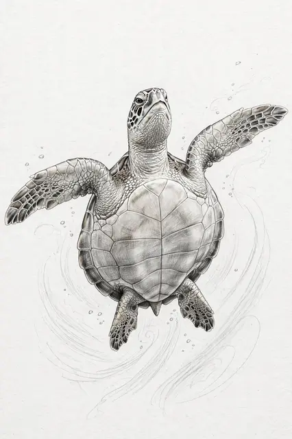 Detailed graphite pencil sketch of a sea turtle swimming upward with spread front flippers on light textured paper