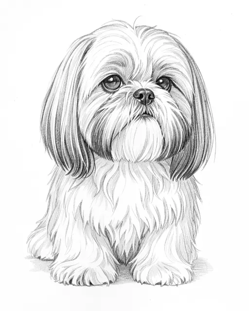 Detailed graphite pencil sketch of a long-haired sitting shih tzu on plain white paper