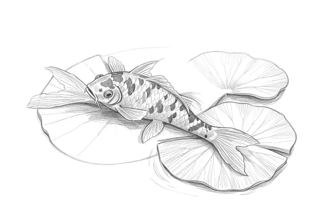Detailed graphite pencil sketch of a patterned koi fish beside lily pads on white paper