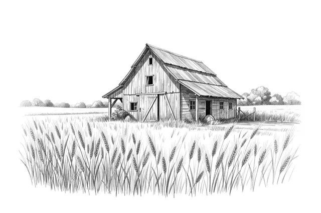 A loose graphite pencil sketch of an old wooden barn beside a foreground wheat field on white paper