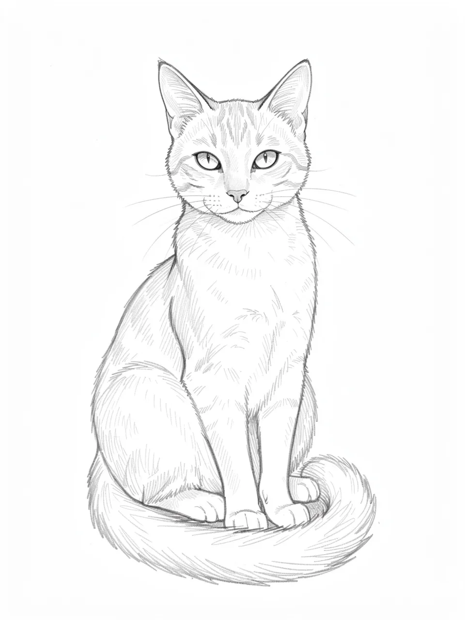 A light graphite pencil sketch of a sitting domestic cat with pointed ears and a curled tail on plain white paper