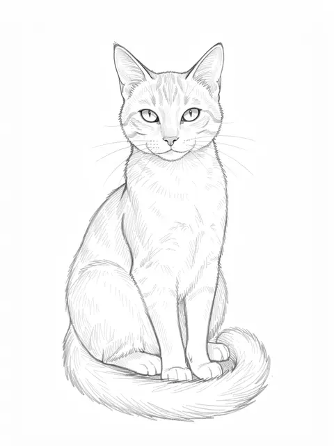 A light graphite pencil sketch of a sitting domestic cat with pointed ears and a curled tail on plain white paper