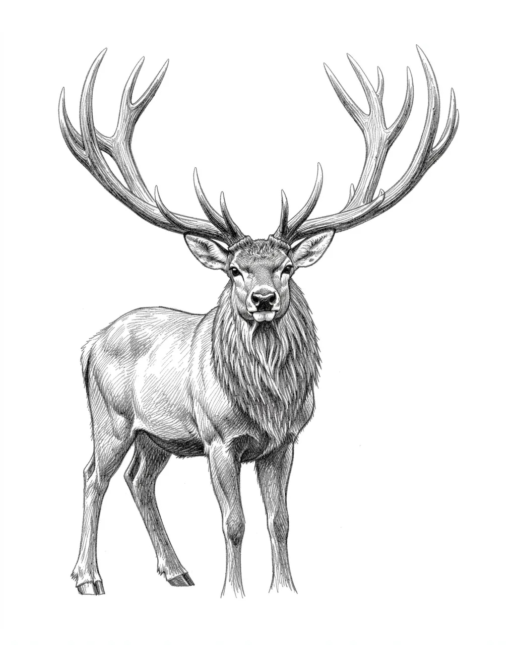 Detailed graphite pencil sketch of a stag with large branching antlers on plain white paper