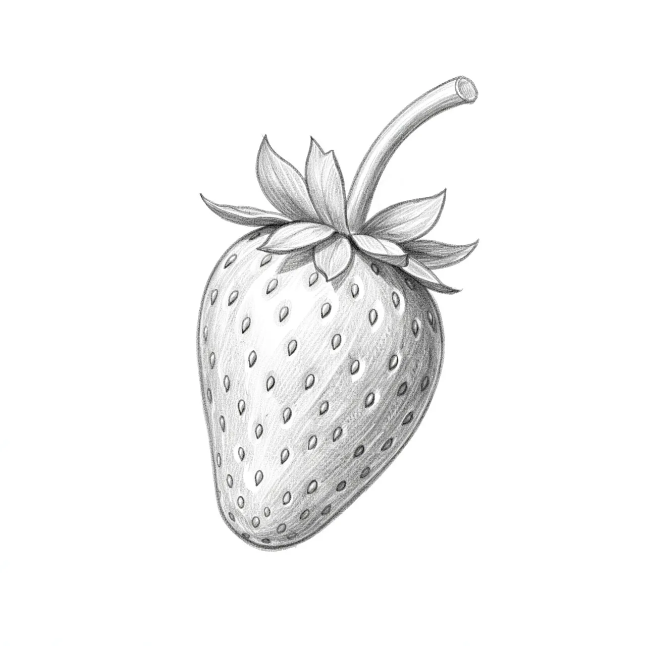 Detailed graphite pencil sketch of a single strawberry with seeds, leafy top and curved stem on plain white paper