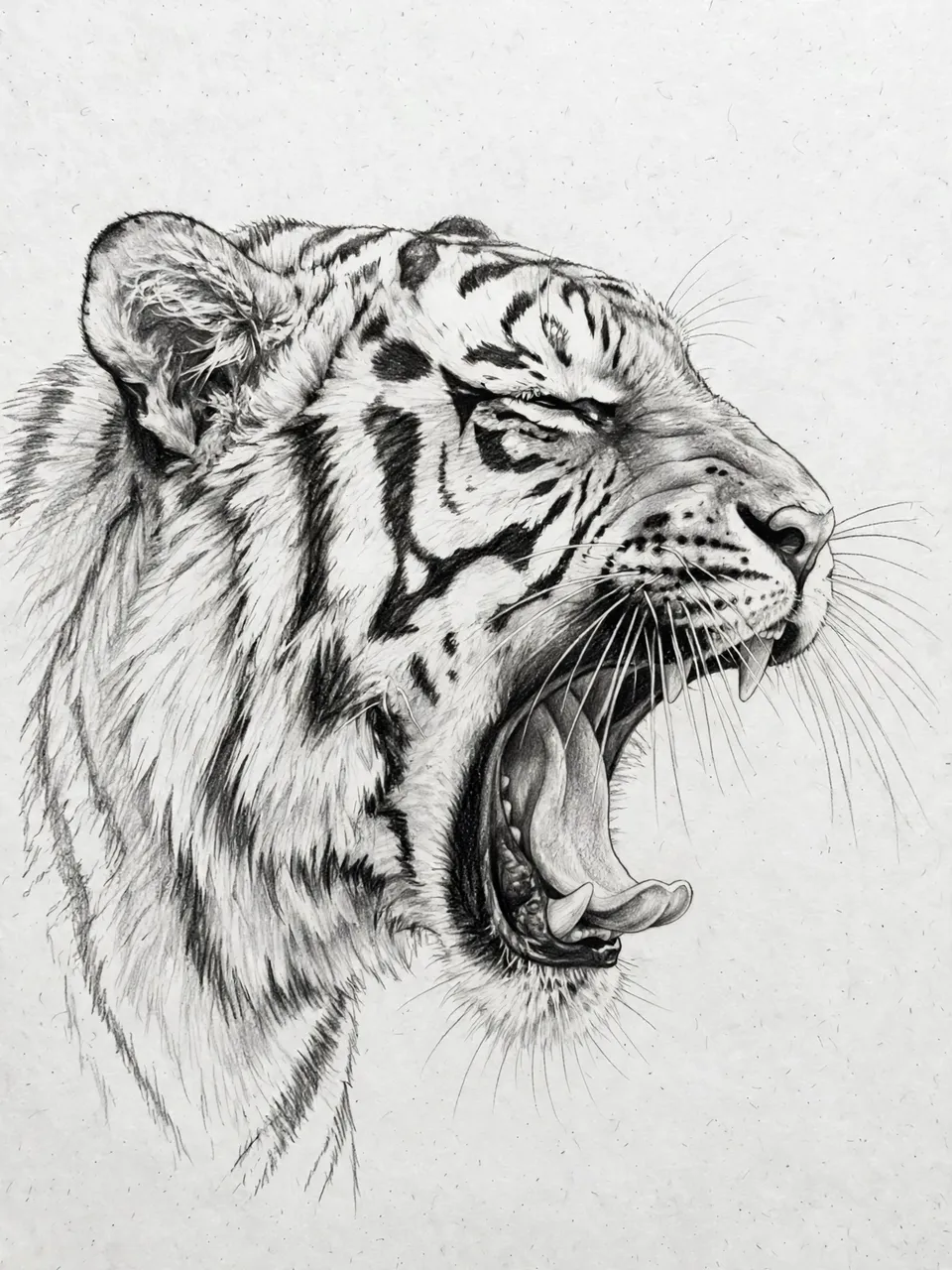 Detailed graphite sketch of a tiger head in profile yawning on plain textured paper