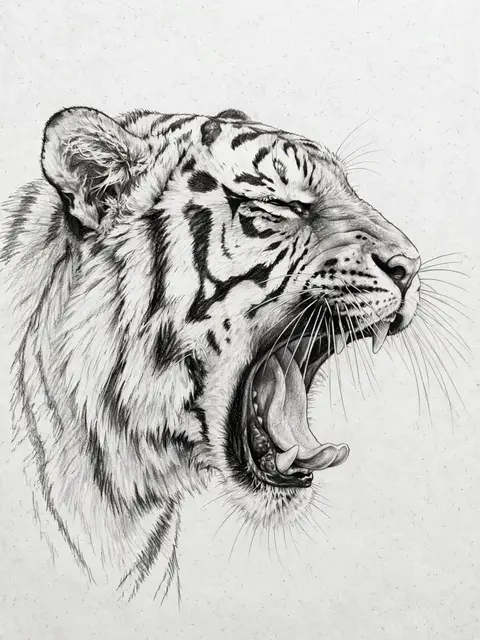 Detailed graphite sketch of a tiger head in profile yawning on plain textured paper