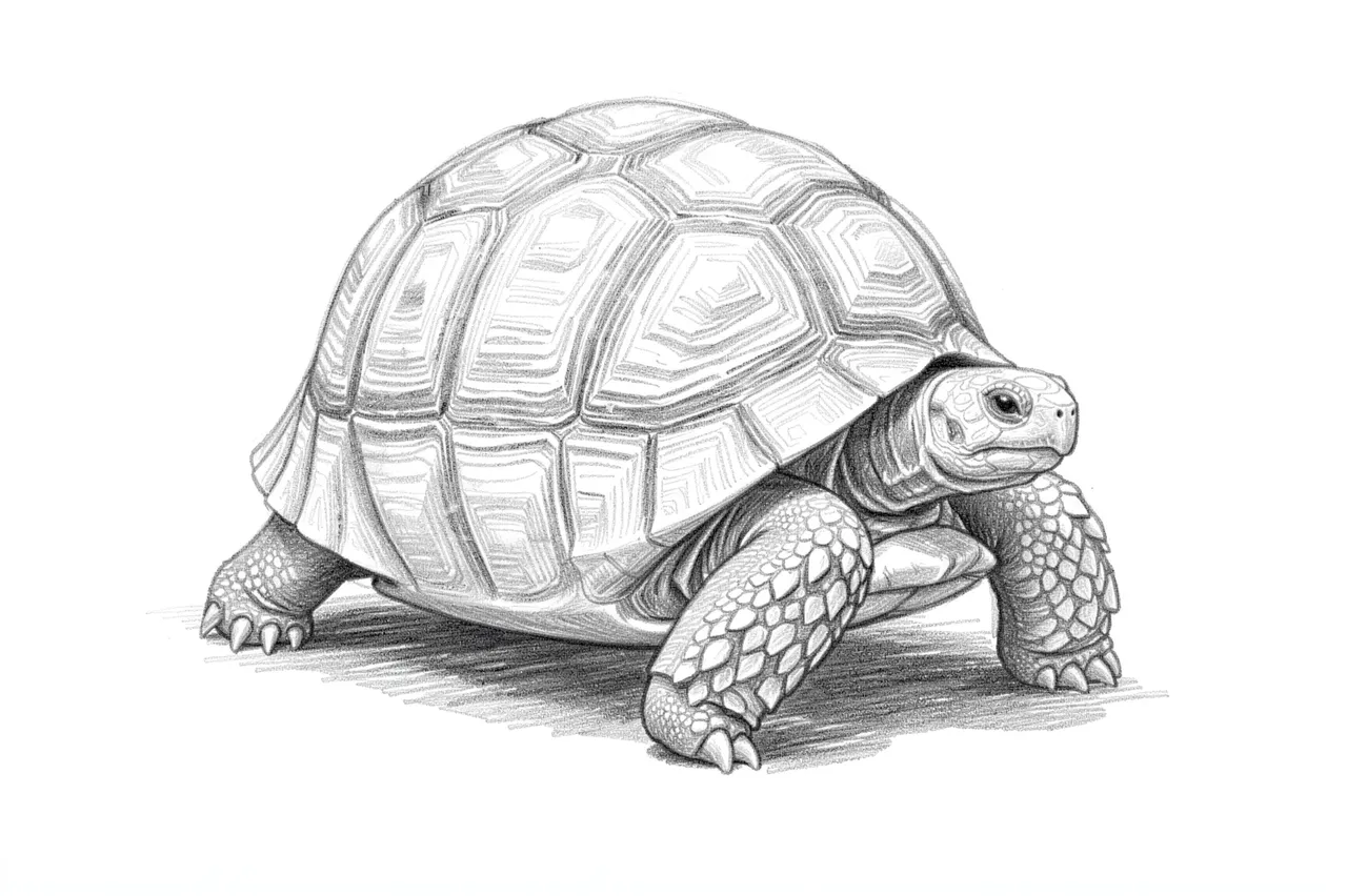 Detailed graphite pencil sketch of a domed shell tortoise on plain white paper