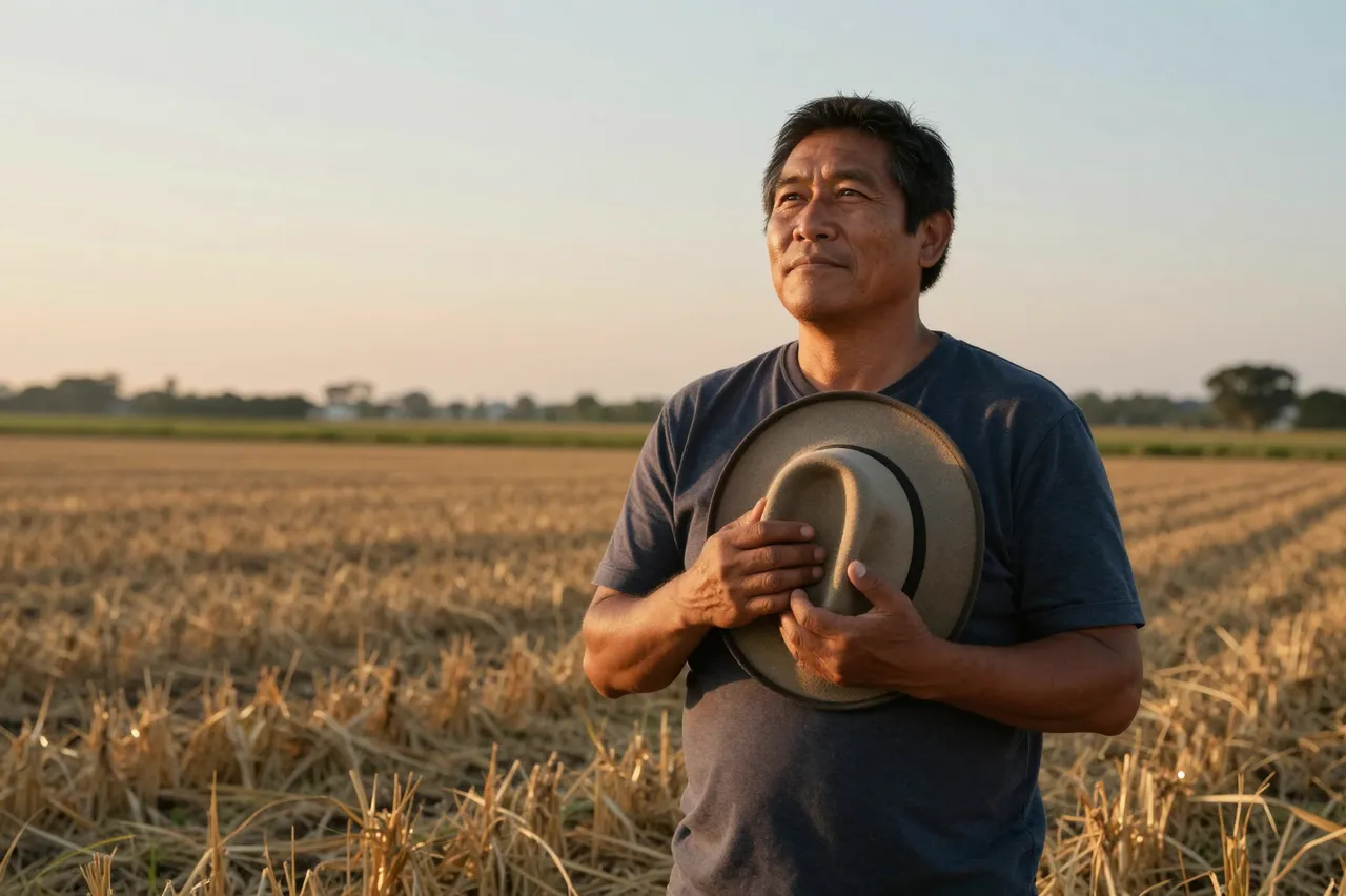 A middle aged Indigenous man holds his hat to his chest while standing in a harvested crop field at sunset