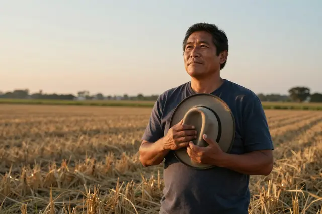 A middle aged Indigenous man holds his hat to his chest while standing in a harvested crop field at sunset