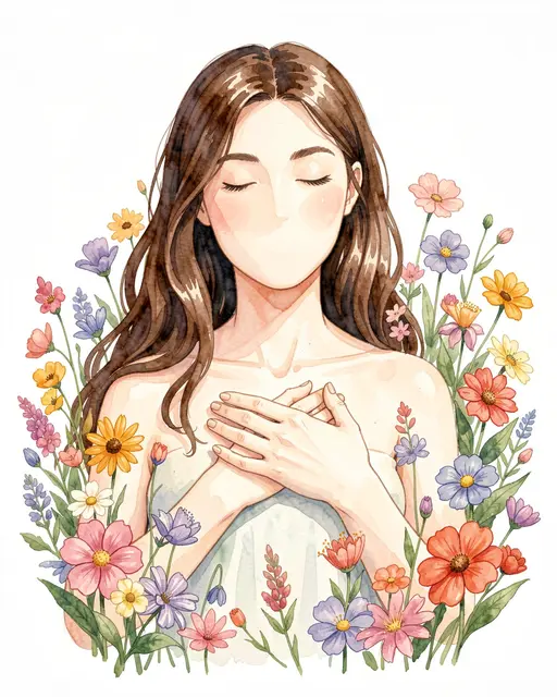 Watercolor illustration of a faceless woman with closed eyes holding hands to her heart surrounded by colorful wildflowers
