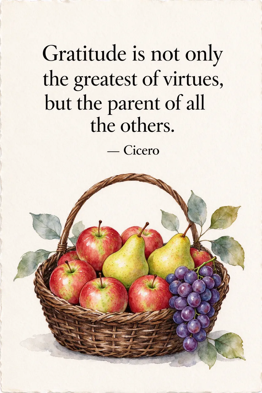 Watercolor illustration of a wicker fruit basket with a Cicero gratitude quote on cream textured paper
