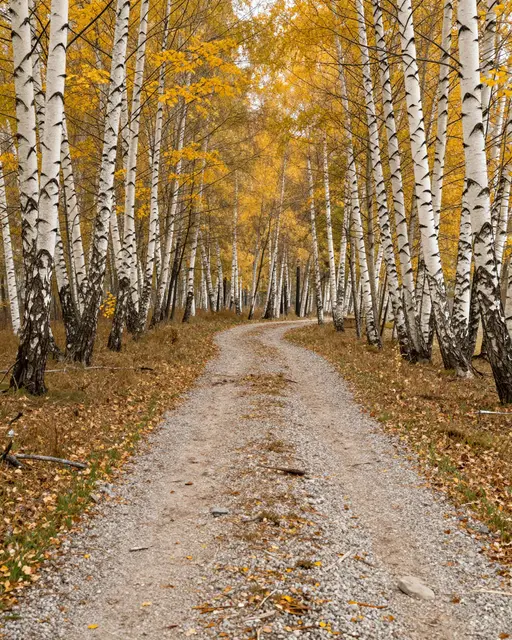 A winding gravel path leads through a golden autumn birch forest lined with pale white trunks and fallen leaves.