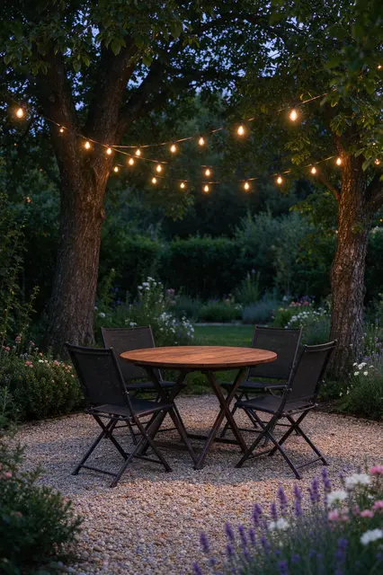 Round wooden patio table and folding chairs sit on pea gravel under lit string lights strung between trees at dusk