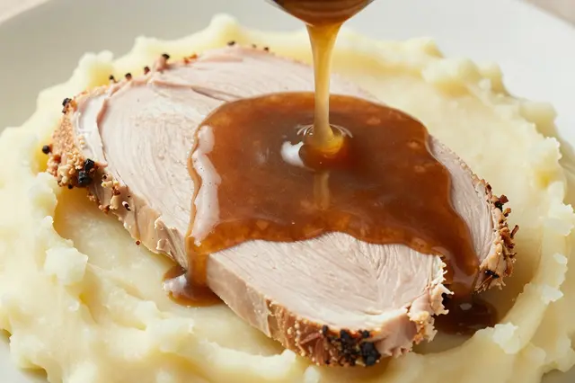 Close-up of brown gravy pouring over sliced roasted turkey resting on creamy mashed potatoes