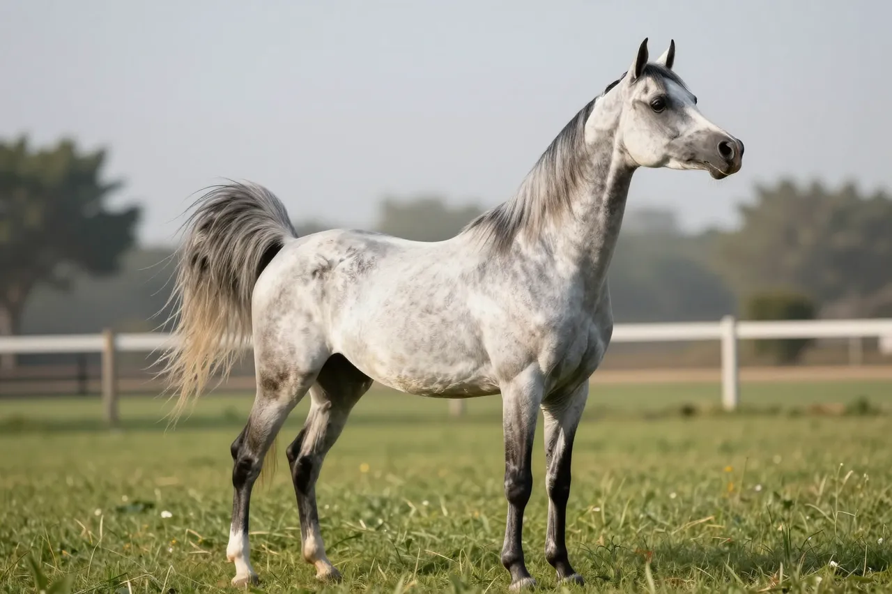 A dappled gray Arabian horse stands alert in a sunlit green grass paddock under soft hazy morning light.