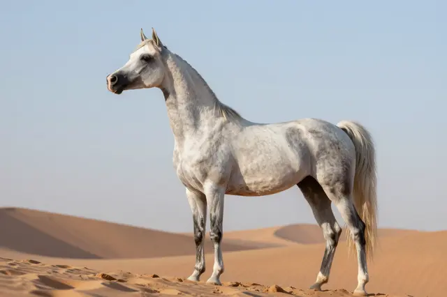 A dapple gray Arabian horse stands proudly atop desert sand dunes under a pale clear sky
