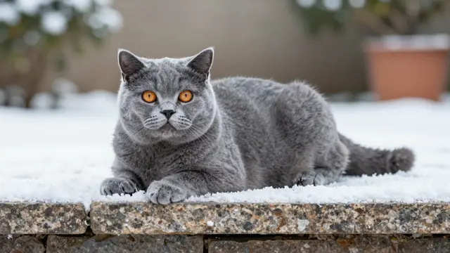 A blue-gray British Shorthair cat with round orange eyes rests on a snow-covered stone garden step.
