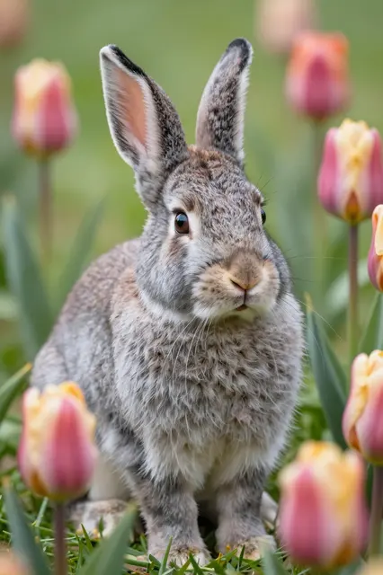 A fluffy gray rabbit sits upright surrounded by pink and yellow tulips on grassy spring ground.