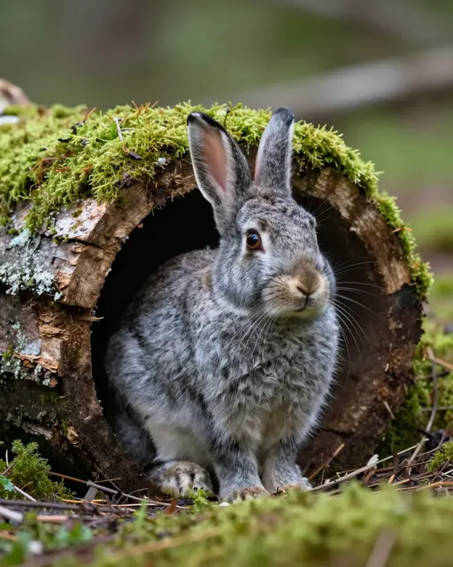A gray rabbit sits peeking out from a moss-covered hollow log in a forest.