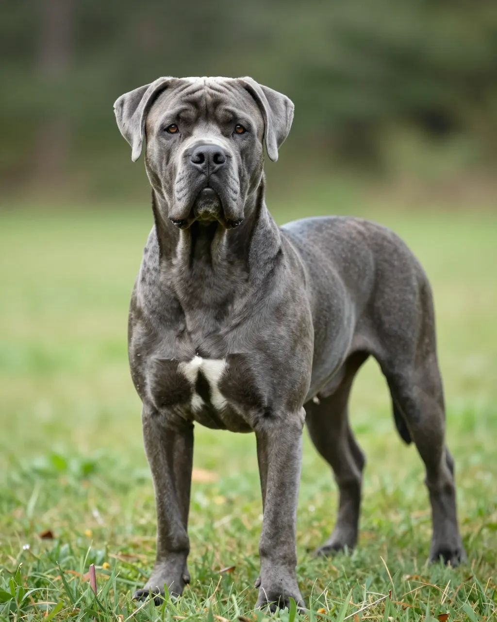 A stoic gray cane corso with a small white chest marking stands alert in a grassy field