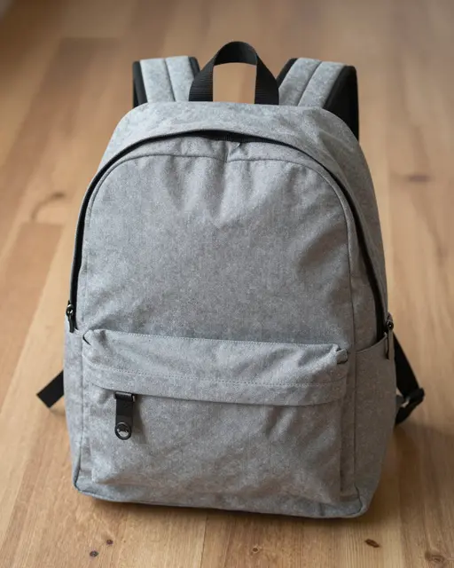 Front view of a plain gray canvas backpack standing upright on a light wooden floor.