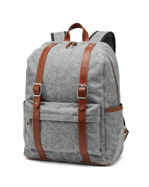 A gray canvas backpack with brown leather straps sits isolated on a plain white studio background.