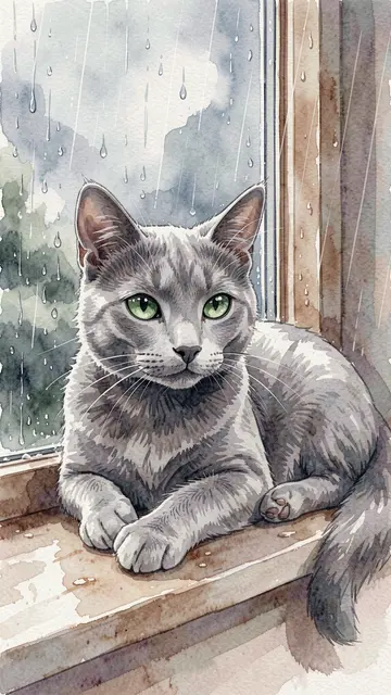 A gray cat with bright green eyes rests on a wooden windowsill beside rain-streaked glass.