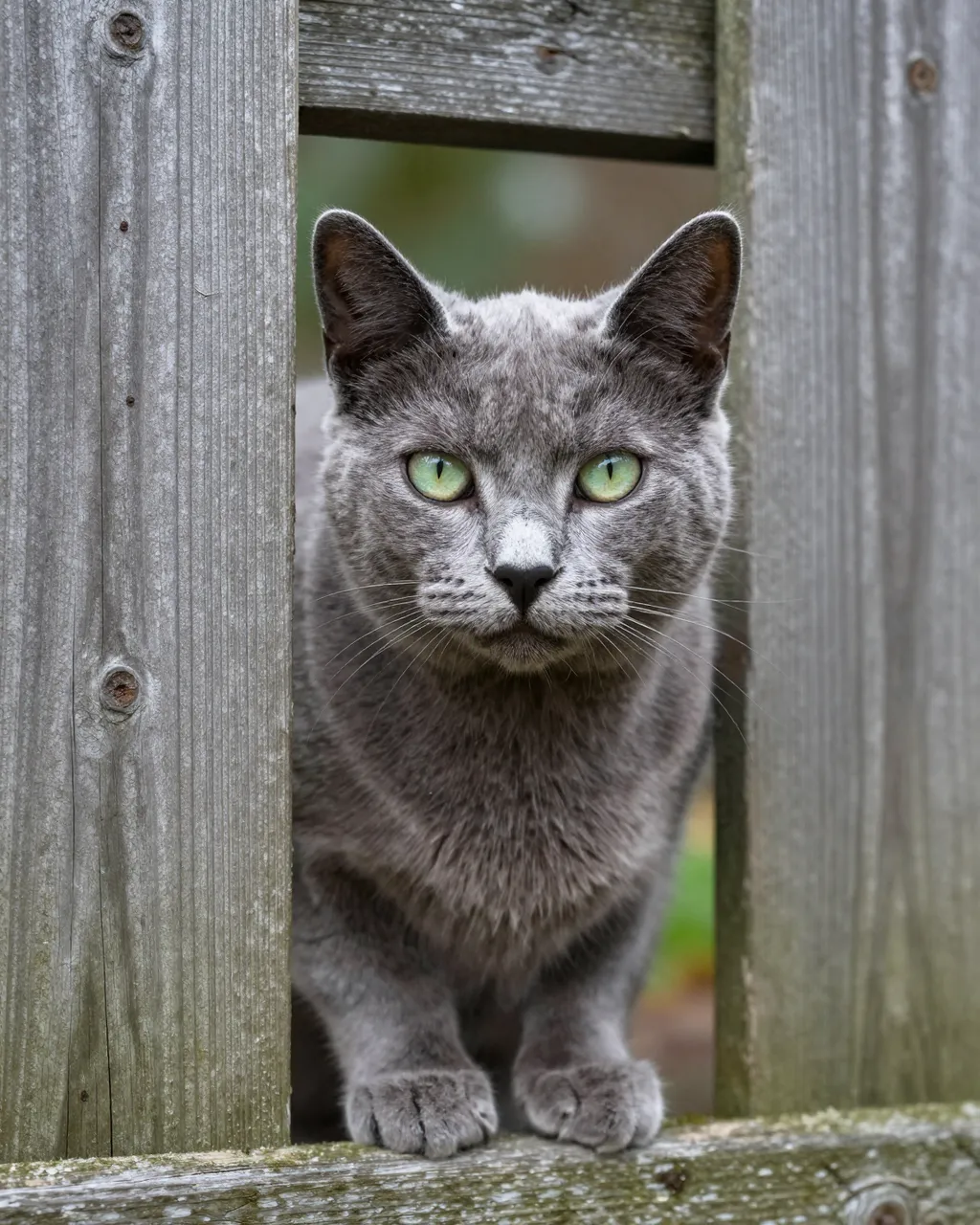 A gray Russian Blue cat with bright green eyes peers out through a gap in a weathered wooden garden fence.