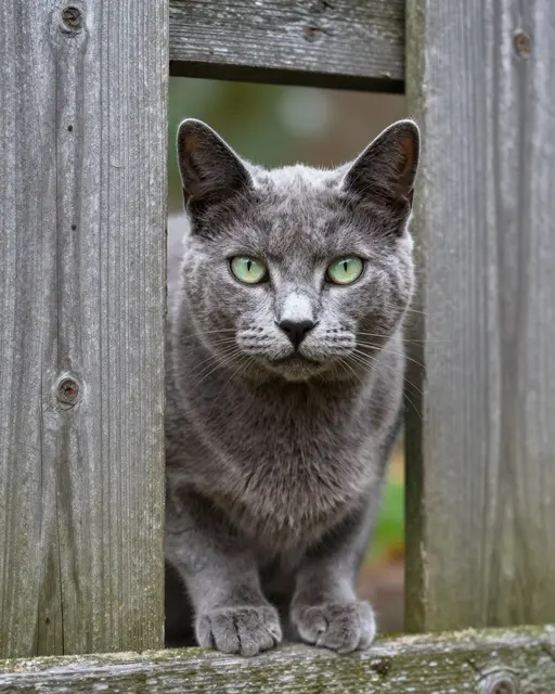 A gray Russian Blue cat with bright green eyes peers out through a gap in a weathered wooden garden fence.
