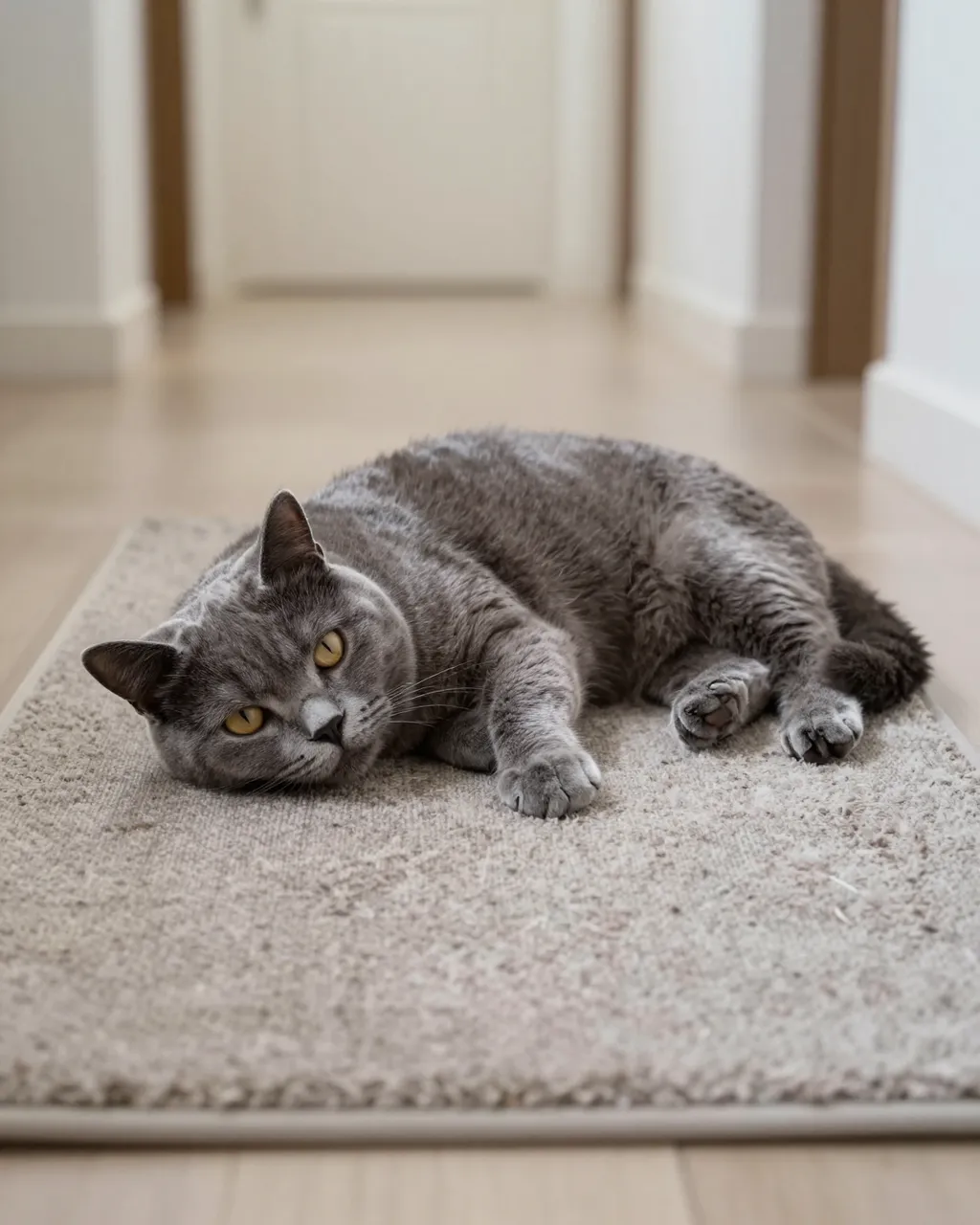 A solid gray cat with golden eyes lies stretched out on a light textured hallway rug in sunlit home corridor.