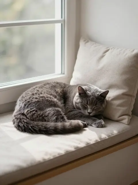 A fluffy gray cat curled asleep on a cushioned window seat beside a beige pillow in soft afternoon light