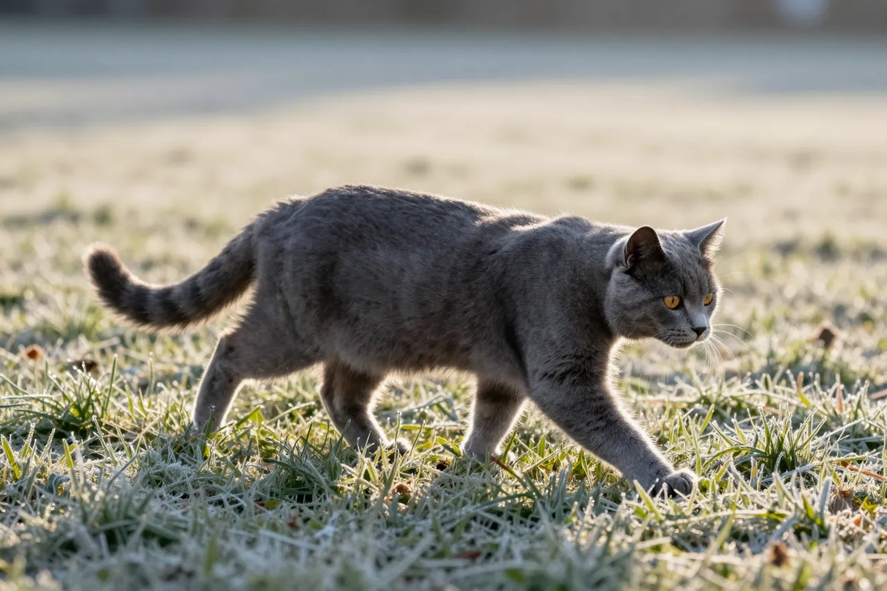 A gray domestic cat stalks slowly across frost-covered grass in low warm dawn sunlight