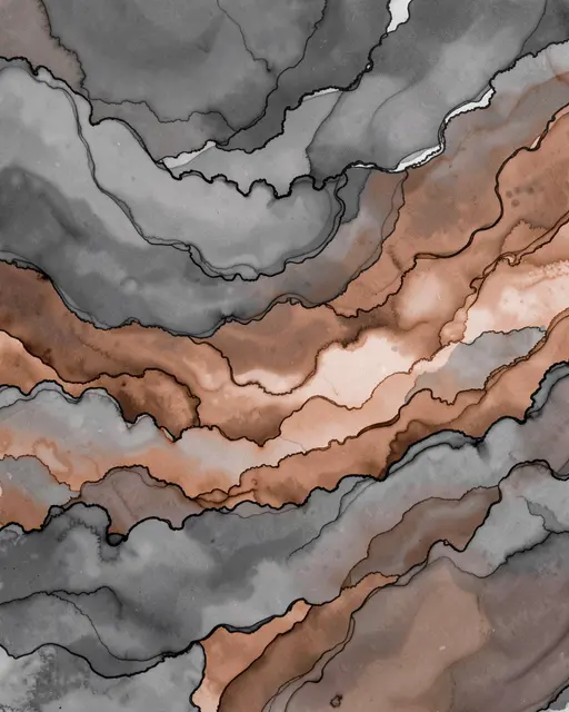 Layered flowing alcohol ink artwork in smoky gray and warm copper tones with dark wavy outlines