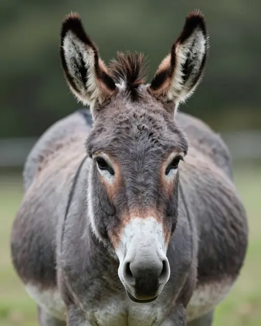 A close up frontal portrait of a fuzzy gray donkey with long upright ears looking directly at the camera.
