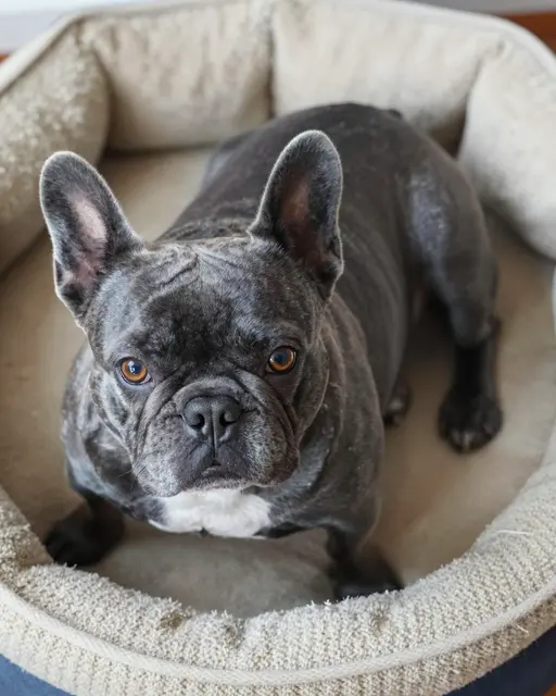 A gray French bulldog with amber eyes sits upright in a plush beige dog bed looking up at the camera