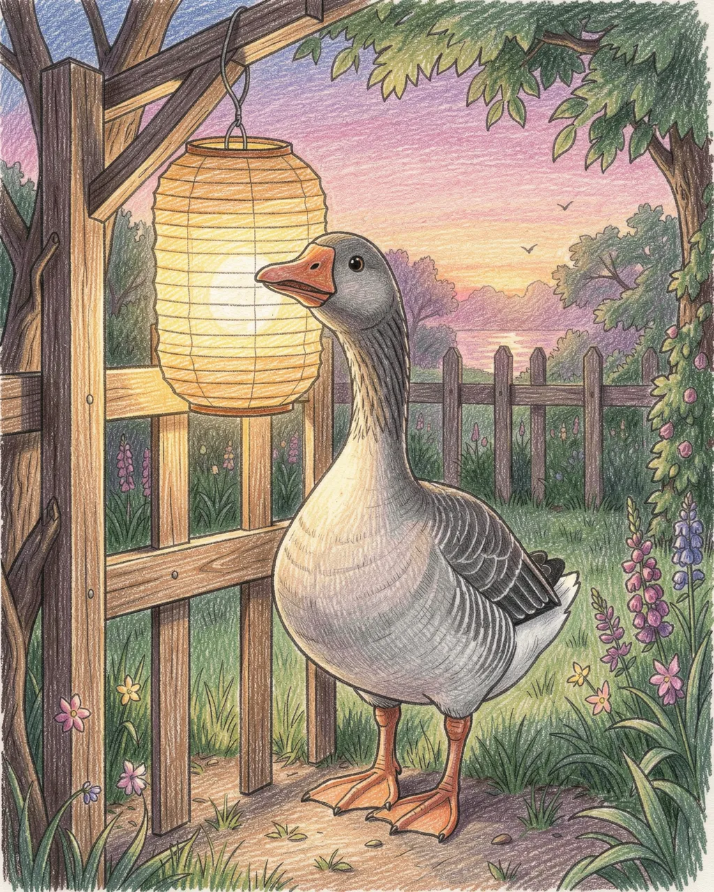 Colored pencil illustration of a cute gray goose standing next to a lit paper lantern on a wooden garden gate at dusk