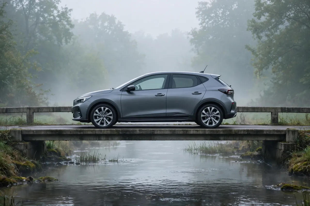 A gray modern hatchback sits on a concrete bridge spanning a river in thick morning fog.