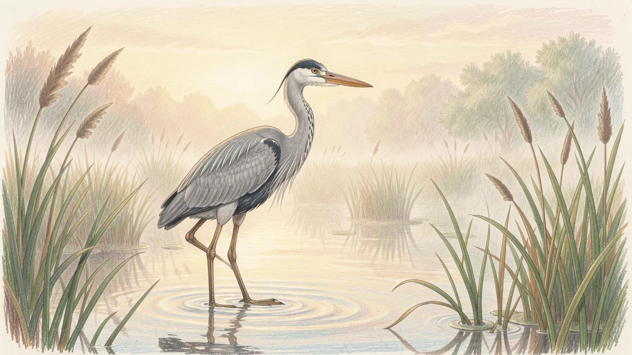 Colored pencil drawing of a gray heron standing in shallow misty marsh water at sunrise