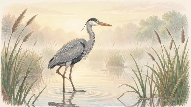 Colored pencil drawing of a gray heron standing in shallow misty marsh water at sunrise