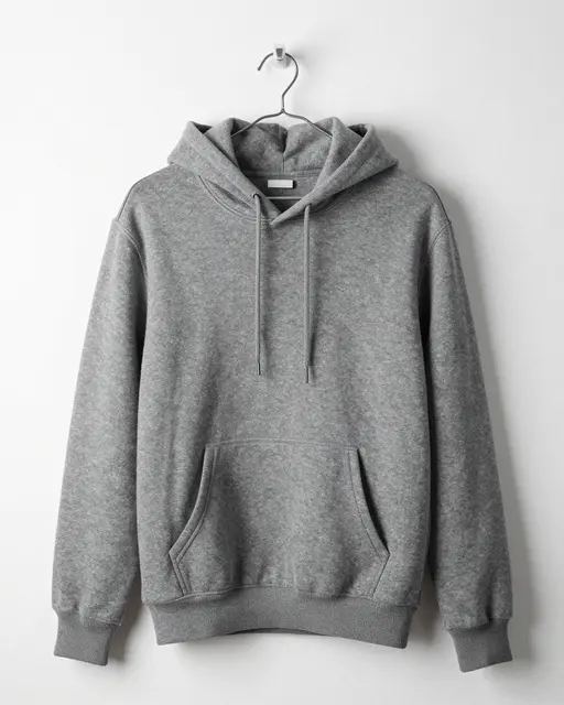 Plain charcoal gray hoodie hangs from a wall hook against a smooth white plaster wall