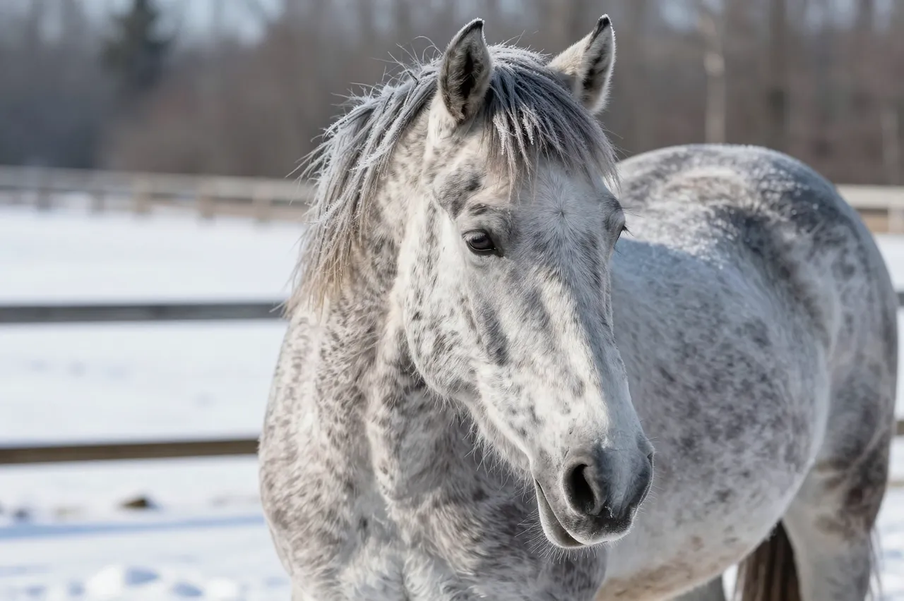 A dappled gray horse with frost on its mane stands in a sunlit snowy fenced paddock