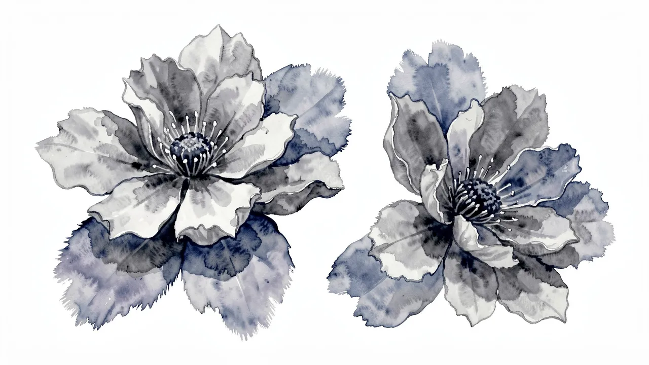 Two hand-painted watercolor ink wash blooms in soft gray and indigo on a plain white background