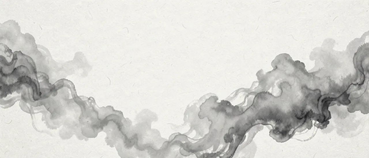 Soft drifting gray ink wash mist spreads across textured light rice paper with empty central space