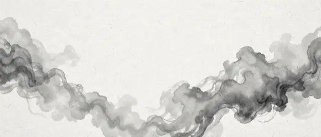 Soft drifting gray ink wash mist spreads across textured light rice paper with empty central space