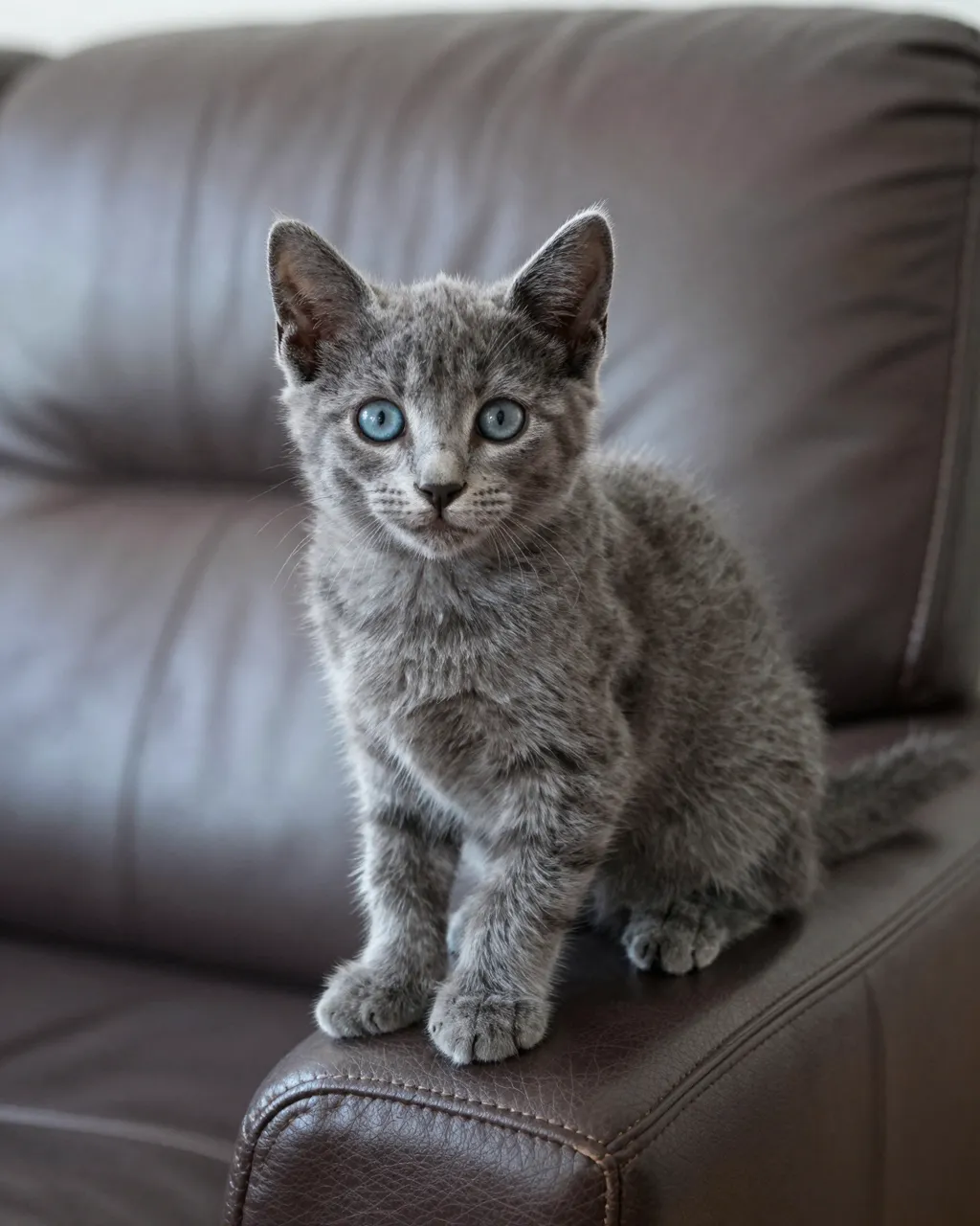Gray kitten with bright blue eyes sits perched on the arm of a brown leather sofa looking curiously at the viewer.