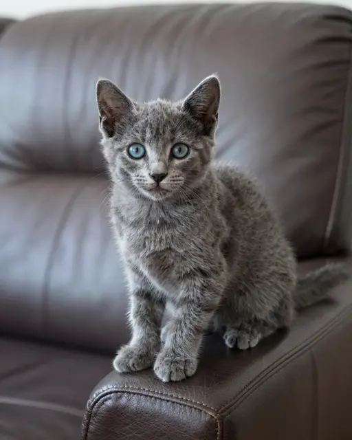 Gray kitten with bright blue eyes sits perched on the arm of a brown leather sofa looking curiously at the viewer.
