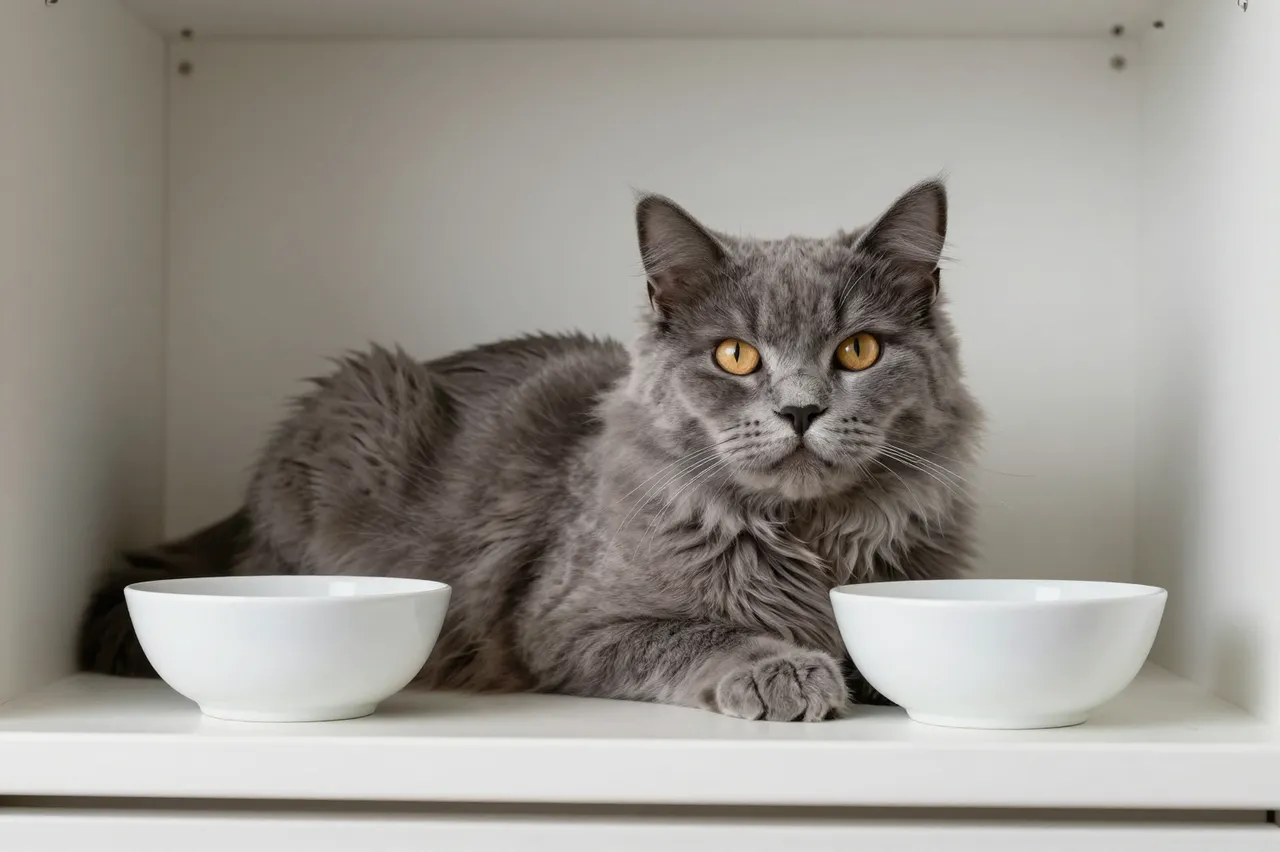 Fluffy long-haired gray cat lounging between two plain white bowls inside a white cabinet shelf