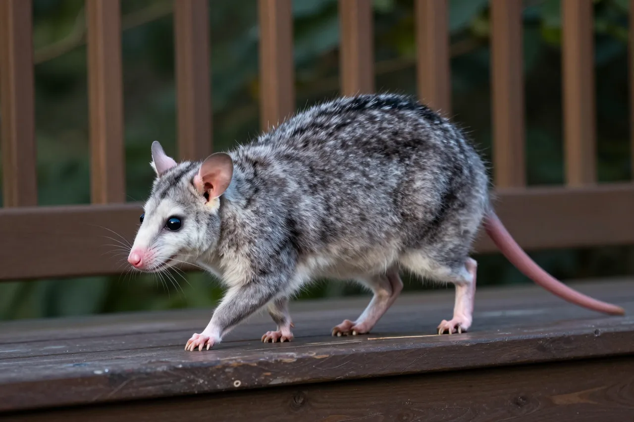 A gray opossum with a pale face, pink nose and tail walks along a wooden porch rail.
