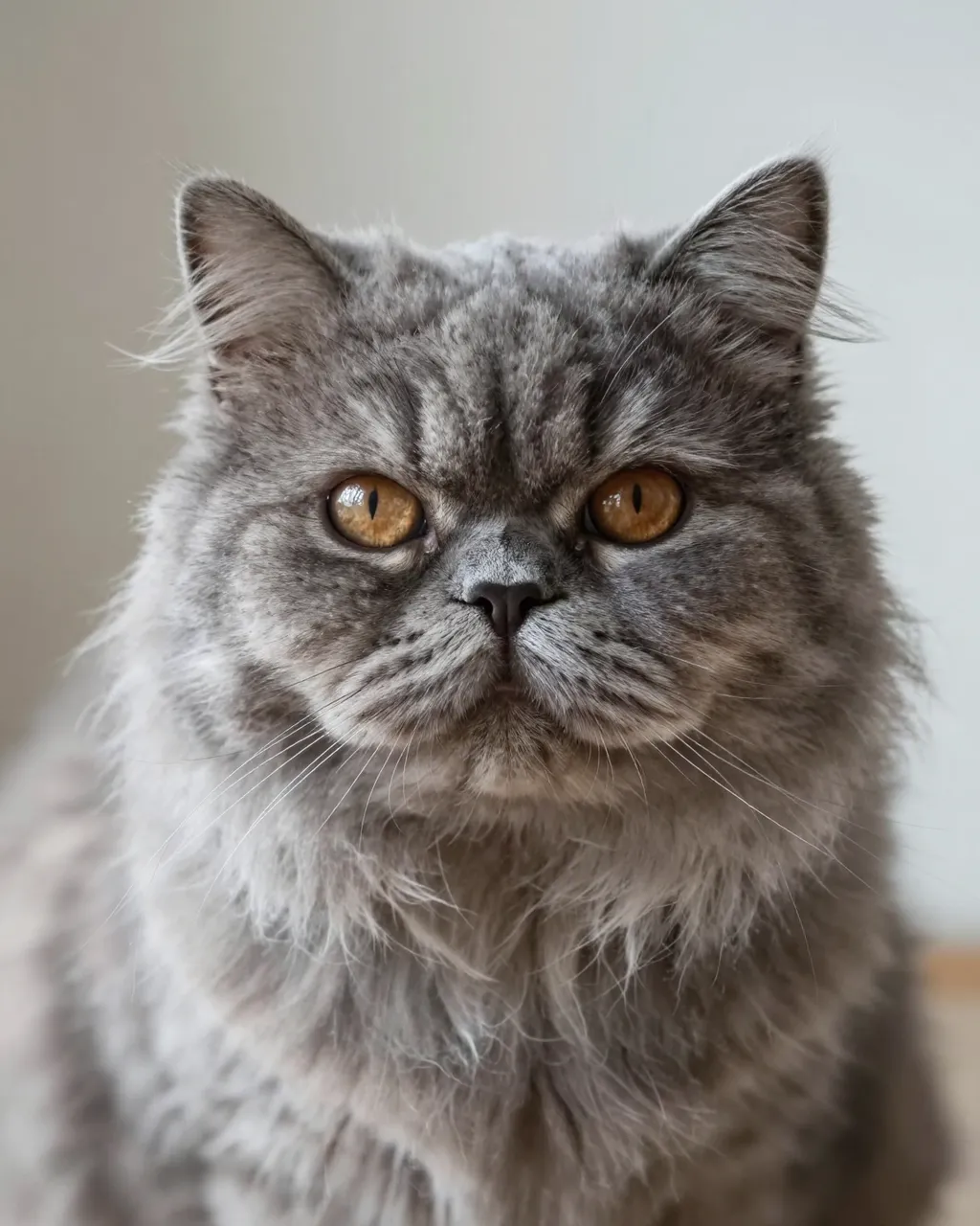 Close-up portrait of a long-haired flat-faced gray Persian cat staring directly at the camera
